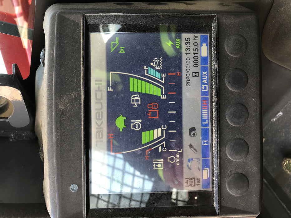 2019 Takeuchi TL12V2C ROPS/FOPS Cab, Heat/AC, Defroster, Rubber Tracks, Back-up Alarm, Front & Rear Working Lights, Auxiliary Hydraulics, Two-Speed Travel, Electronic Monitoring System, Hydraulic Universal Quick Hitch w/80" HD Smooth Dirt Bucket with Bolt-on Edge, 24.0 cu ft. Capacity