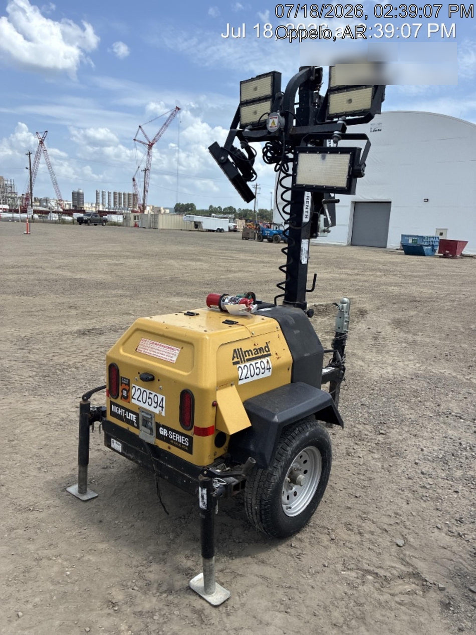 2022 Allmand NLV3GR (4) LED Light Fixture 350W, 23' Vertical Mast, 3kW Prime, Towable, Deep Sea L401, Leveling Jacks, Yanmar T4F 5.8hp