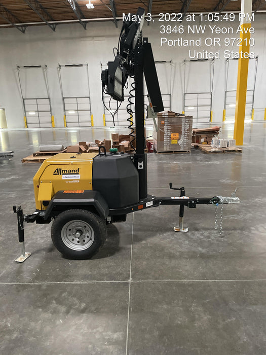 2022 Allmand NLV3GR (4) LED Light Fixture 350W, 23' Vertical Mast, 3kW Prime, Towable, Deep Sea L401, Leveling Jacks, Yanmar T4F 5.8hp