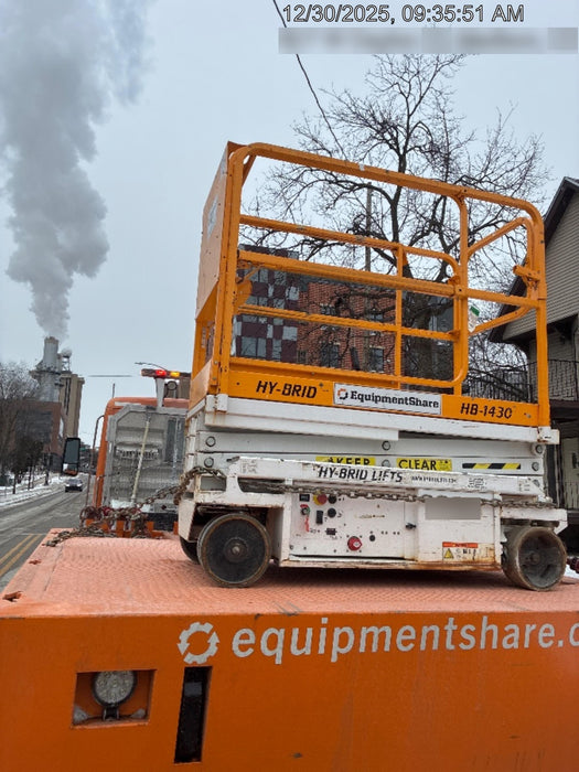 Custom Equipment HB-1430 <ul>
 <li>Hy-Brid Scissor Lift</li>
  <li>Platform capacity up to 670 lbs.</li>
  <li>Working height up to 20 ft</li>
  <li>Weighs under 1,700 lbs.</li>
  <li>Non-marking wheels </li>
</ul>