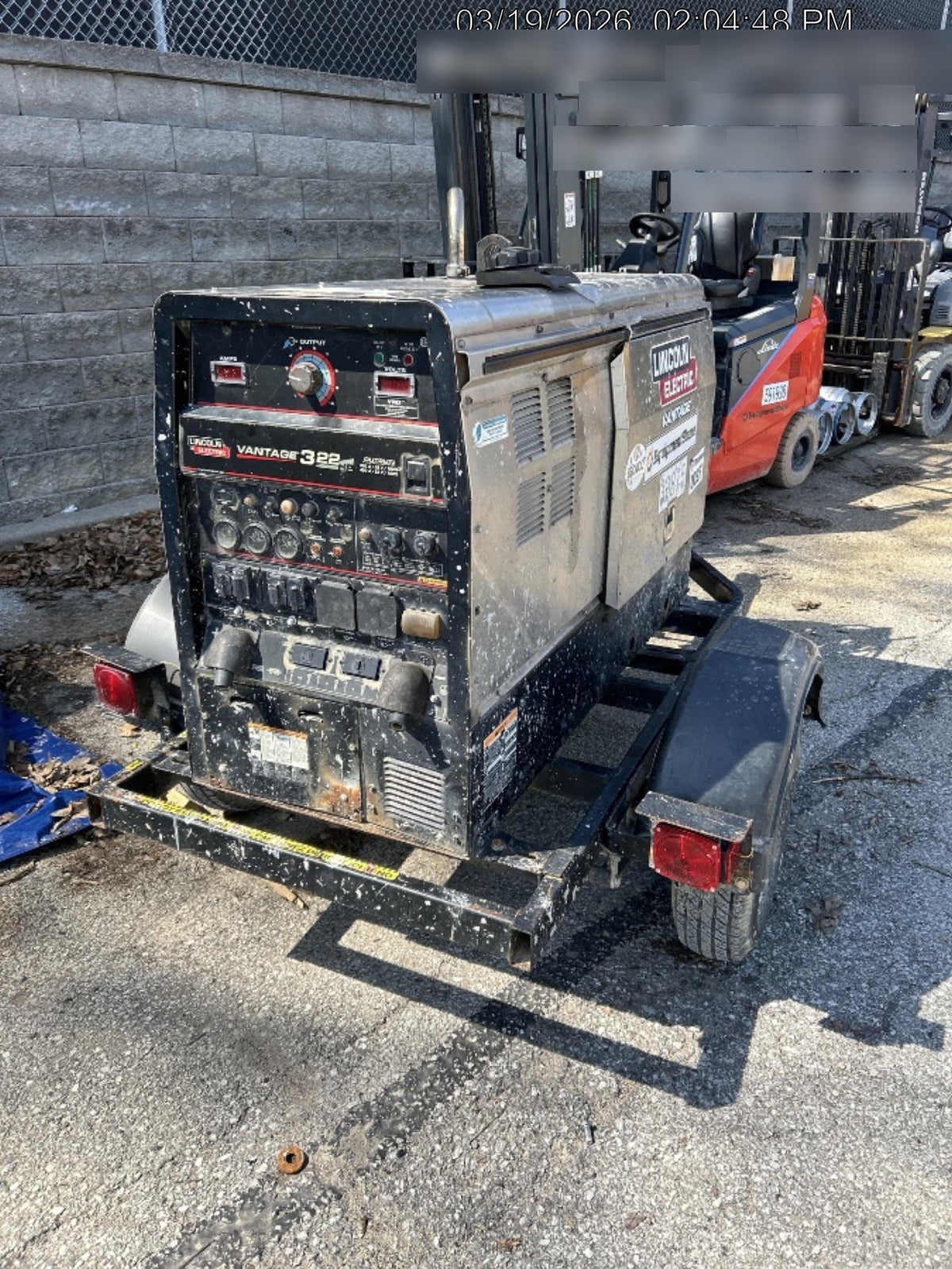 2019 Lincoln Electric Vantage 322 Welder Ready-Pak 3, Two wheel trailer, Fender and Light kit, Cable Rack