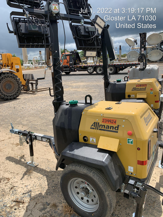 2022 Allmand NLV3GR (4) LED Light Fixture 350W, 23' Vertical Mast, 3kW Prime, Towable, Deep Sea L401, Leveling Jacks, Yanmar T4F 5.8hp