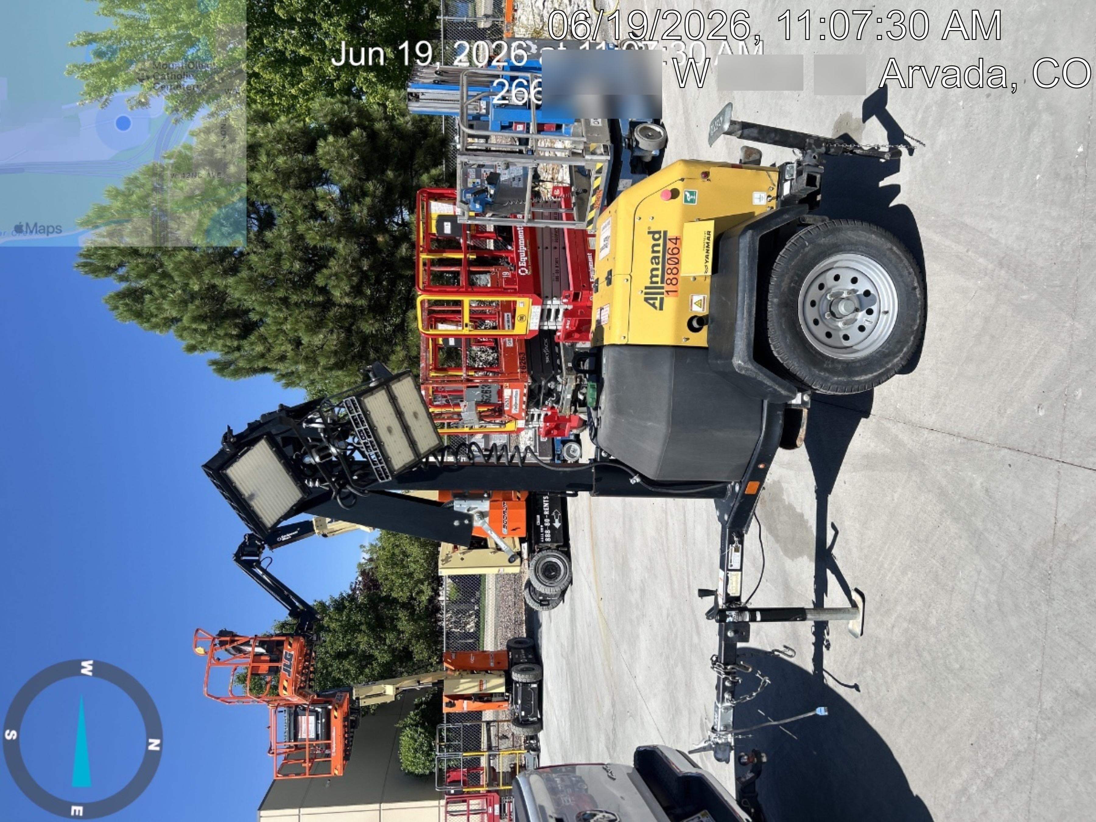 Allmand NLV3GR (4) LED Light Fixture 350W, 23' Vertical Mast, 3kW Prime, Towable, Deep Sea L401, Leveling Jacks, Yanmar T4F 5.8hp