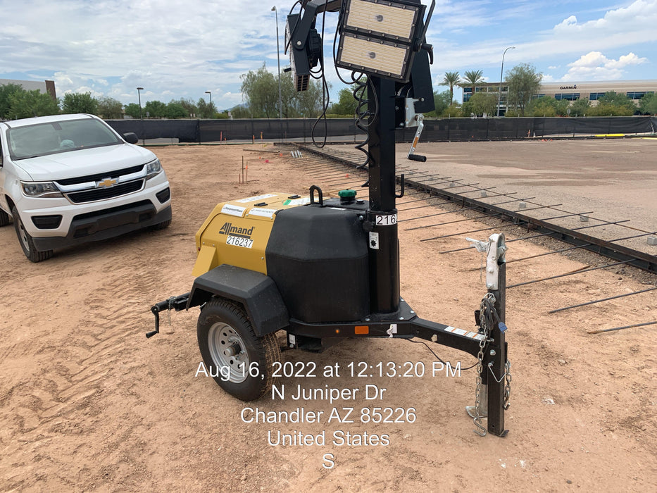 2022 Allmand NLV3GR (4) LED Light Fixture 350W, 23' Vertical Mast, 3kW Prime, Towable, Deep Sea L401, Leveling Jacks, Yanmar T4F 5.8hp