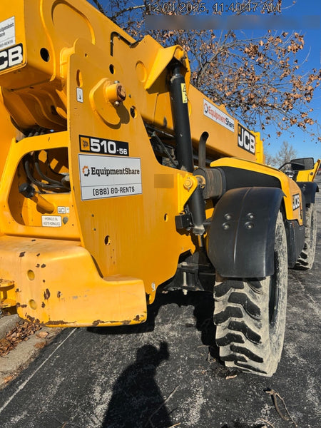 2019 JCB 510-56 74 HP w/Open ROPS, Beacon, Aux Hydraulics, Worklights, Solid Tires, 60" Carriage/Forks