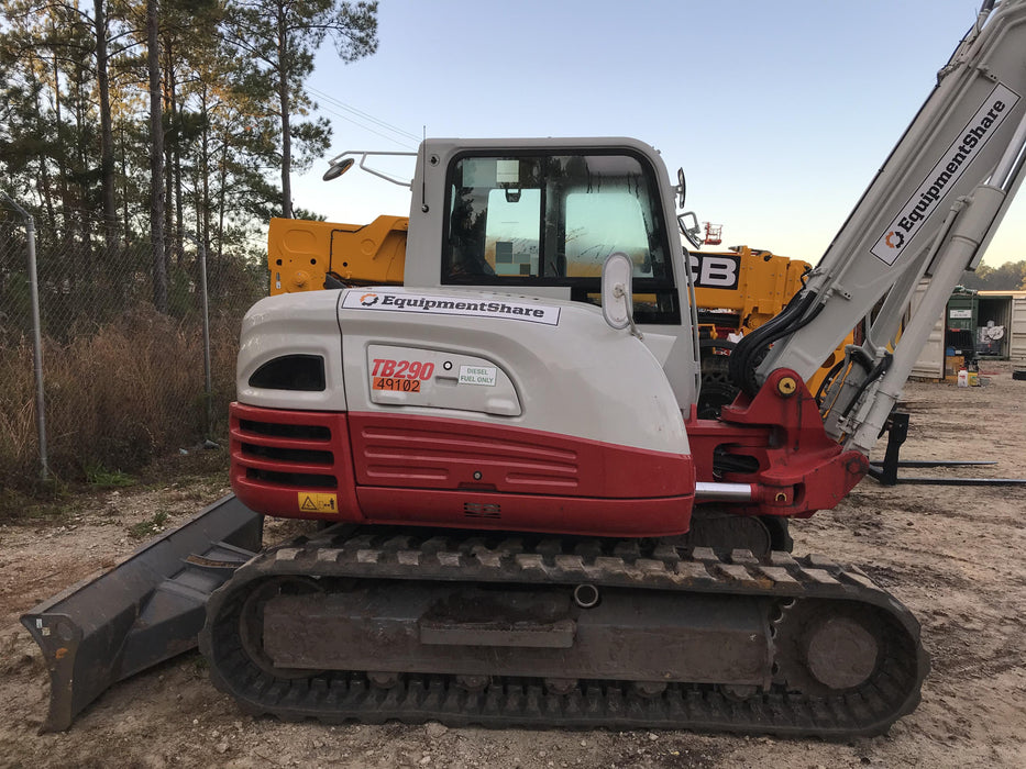2019 Takeuchi TB290 Cab, AC, Rubber Tracks, Dozer Blade, Travel Alarm, Control Pattern Change Valve, Auxiliary Hydraulics w/18" Quick Coupler Bucket with teeth, 6.2 cu. ft. capacity/24" Quick Coupler Bucket with teeth, 8.6 cu. ft. capacity/36" Quick Coupler Bucket with teeth, 13.4 cu. ft. capacity, Quick Coupler, Hydraulic Thumb Installed