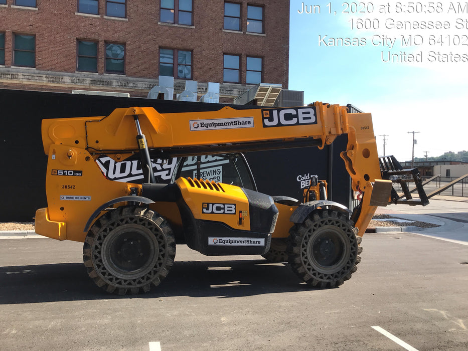 2019 JCB 510-56 Open ROPS, 74 HP, Solid Tires, Worklights, Beacon, Aux Hydraulics, Lifting Eye 72" Carriage/60" Forks
