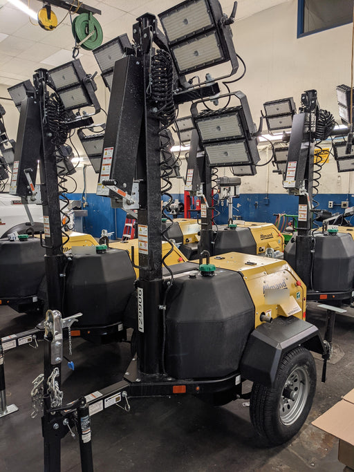 2021 Allmand NLV3GR (4) LED Light Fixture 350W, 23' Vertical Mast, 3kW Prime, Towable, Deep Sea L401, Leveling Jacks, Yanmar T4F 5.8hp