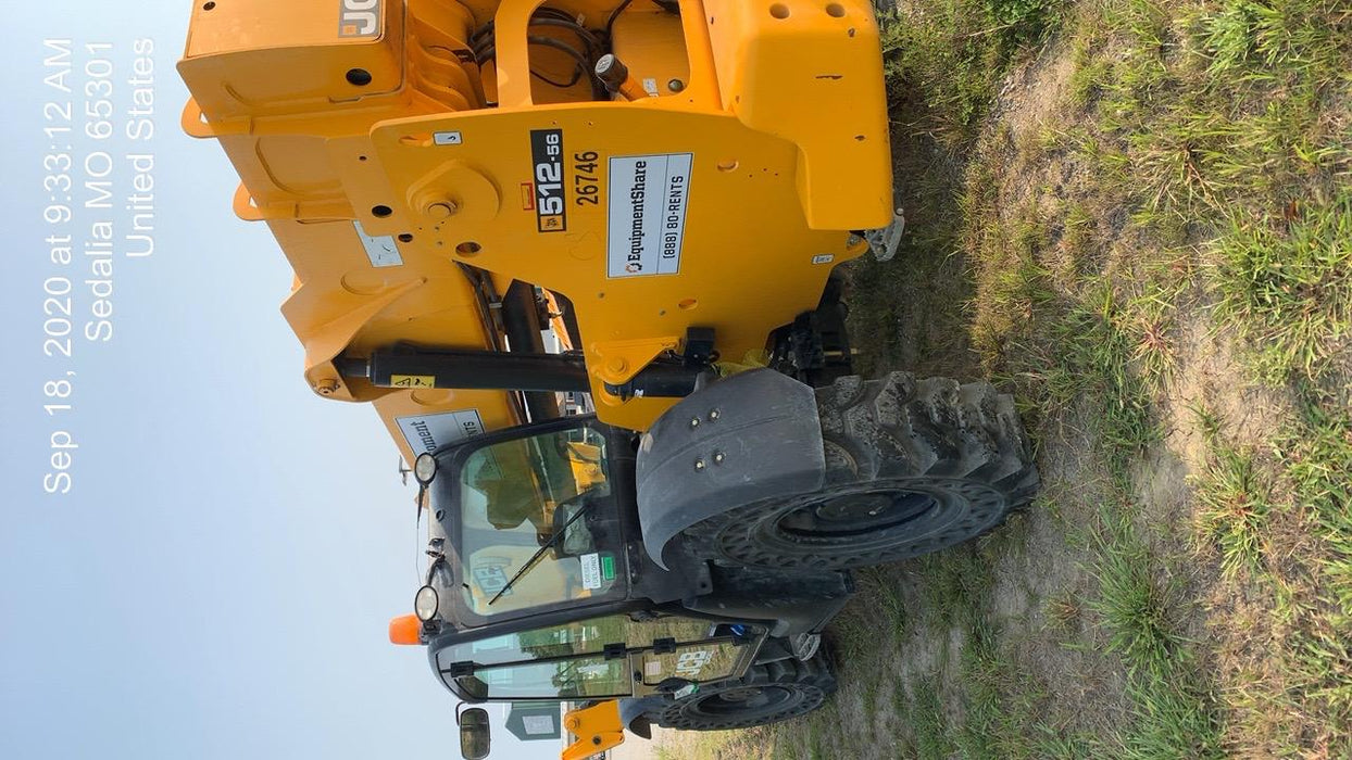 2019 JCB 512-56 Enclosed Cab, 109 HP, Solid Tires, Worklights, Beacon, Aux Hydraulics, Lifting Eye w/60" Carriage/60" Forks