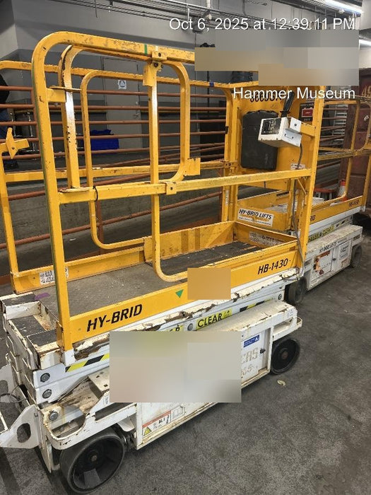 Custom Equipment HB-1430 <ul>
 <li>Hy-Brid Scissor Lift</li>
  <li>Platform capacity up to 670 lbs.</li>
  <li>Working height up to 20 ft</li>
  <li>Weighs under 1,700 lbs.</li>
  <li>Non-marking wheels </li>
</ul>