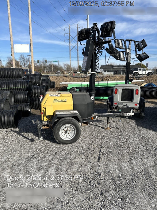 2022 Allmand NLV3GR (4) LED Light Fixture 350W, 23' Vertical Mast, 3kW Prime, Towable, Deep Sea L401, Leveling Jacks, Yanmar T4F 5.8hp