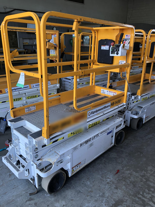 Custom Equipment HB-1430 <ul>
 <li>Hy-Brid Scissor Lift</li>
  <li>Platform capacity up to 670 lbs.</li>
  <li>Working height up to 20 ft</li>
  <li>Weighs under 1,700 lbs.</li>
  <li>Non-marking wheels </li>
</ul>