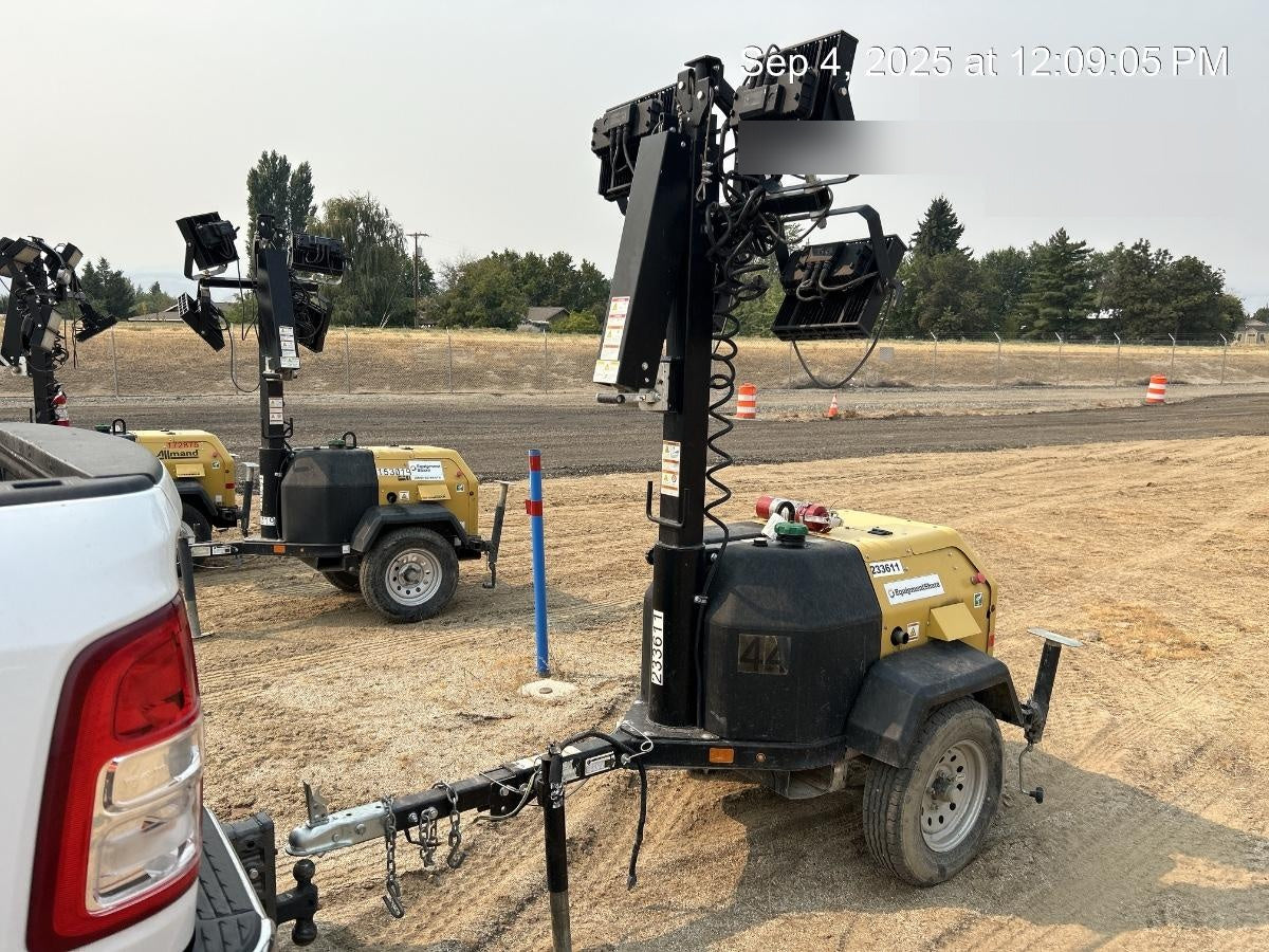 2022 Allmand NLV3GR (4) LED Light Fixture 350W, 23' Vertical Mast, 3kW Prime, Towable, Deep Sea L401, Leveling Jacks, Yanmar T4F 5.8hp