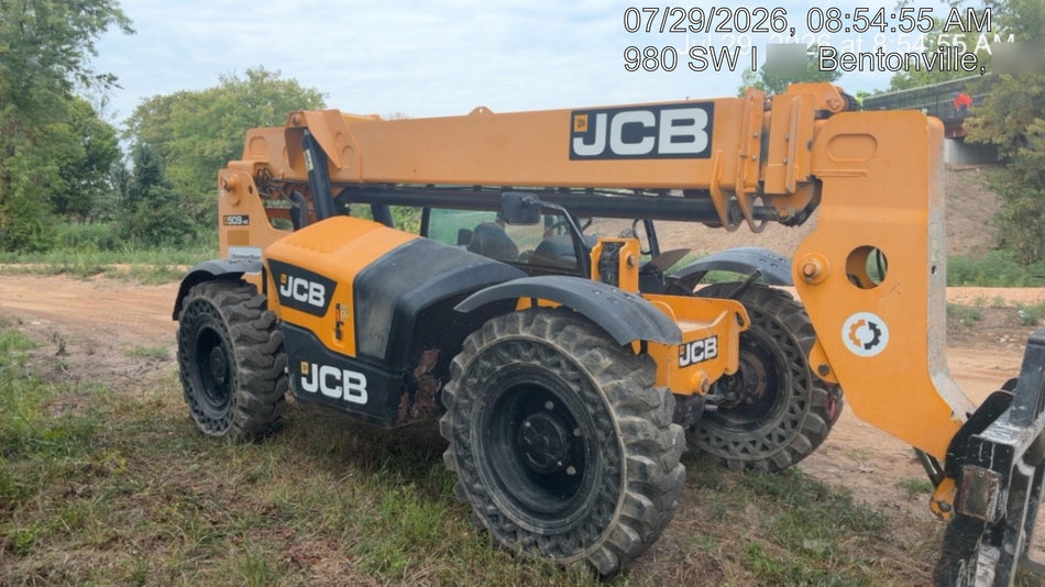 2019 JCB 509-42 74 HP w/Open ROPS, Beacon, Aux Hydraulics, LED Work lights, Solid Tires 66" Carriage/60" Forks