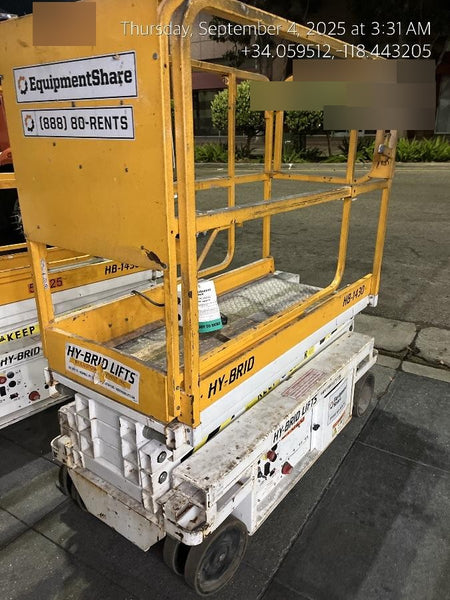 Custom Equipment HB-1430 <ul>
 <li>Hy-Brid Scissor Lift</li>
  <li>Platform capacity up to 670 lbs.</li>
  <li>Working height up to 20 ft</li>
  <li>Weighs under 1,700 lbs.</li>
  <li>Non-marking wheels </li>
</ul>
