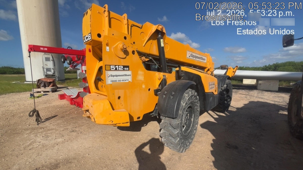 2019 JCB 512-56 109 HP w/CAB/HVAC, Beacon, Aux Hydraulics, Worklights, Solid Tires, 60" Carriage/Forks