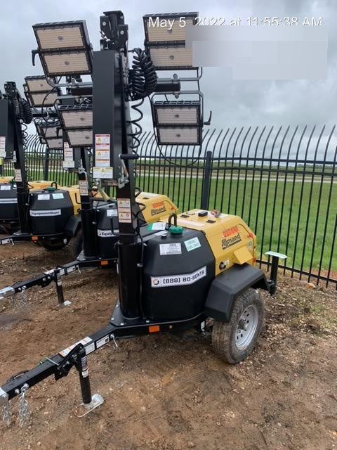 2022 Allmand NLV3GR (4) LED Light Fixture 350W, 23' Vertical Mast, 3kW Prime, Towable, Deep Sea L401, Leveling Jacks, Yanmar T4F 5.8hp