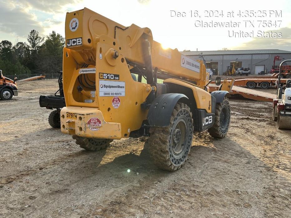 2019 JCB 510-56 74 HP w/CAB/HVAC, Beacon, Worklights, Aux Hydraulics, Solid Tires 72" Carriage/60" Forks
