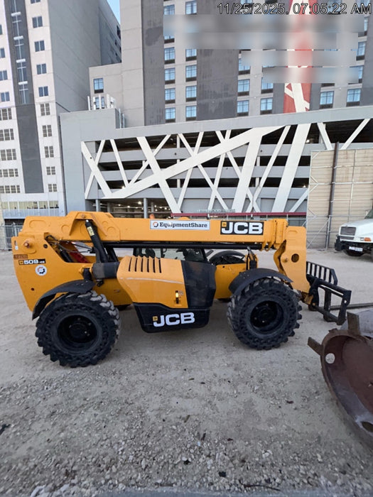 2019 JCB 509-42 74 HP w/Open ROPS, Beacon, Aux Hydraulics, LED Work lights, Solid Tires w/66" Carriage/60" Forks