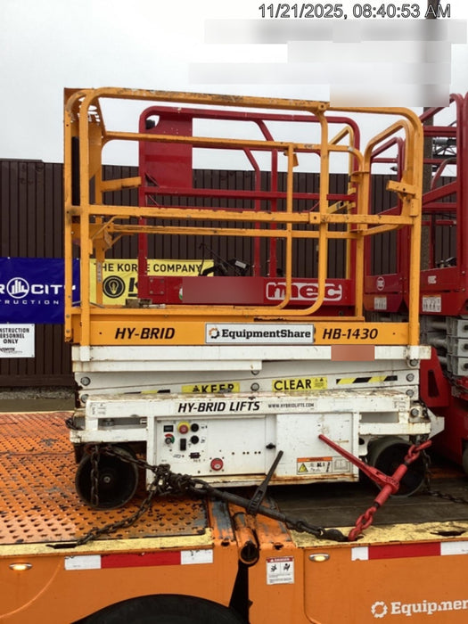 Custom Equipment HB-1430 Hy-Brid Scissor Lift
Platform capacity up to 670 lbs
Working height up to 20 ft
Weighs under 1,700 lbs
Non-marking wheels