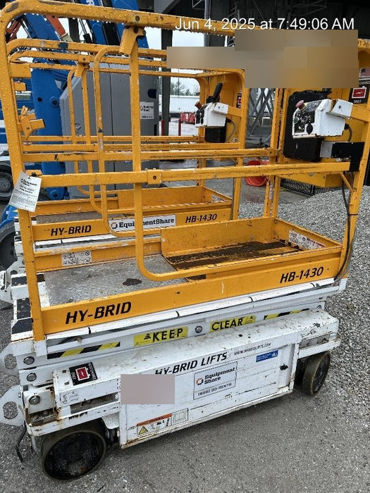 Custom Equipment HB-1430 Hy-Brid Scissor Lift
Platform capacity up to 670 lbs
Working height up to 20 ft
Weighs under 1,700 lbs
Non-marking wheels