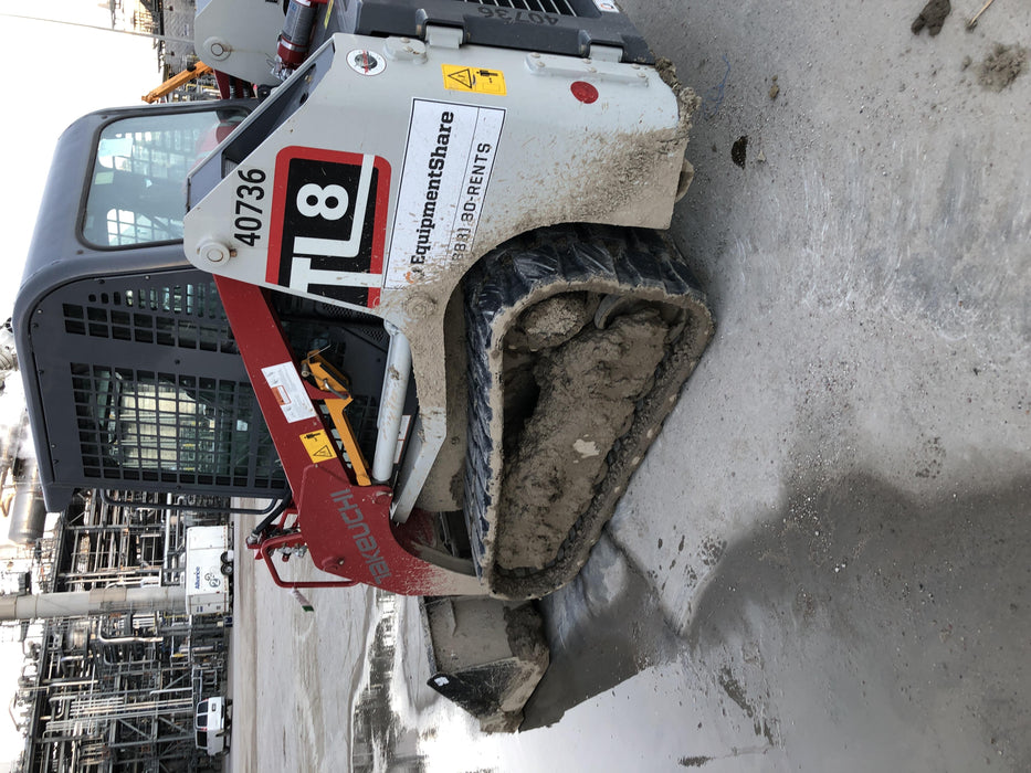 2019 Takeuchi TL8 Cab, Heat/AC, Defroster, 15" Wide Rubber Tracks, Back-up Alarm, Front & Rear Working Lights, Auxiliary Hydraulics, Two-Speed Travel, Electronic Monitoring System, Hydraulic Universal Quick Hitch 76" HD Smooth Dirt Bucket with Bolt-On Edge, 20.3 cubic feet Capacity