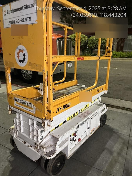 Custom Equipment HB-1430 <ul>
 <li>Hy-Brid Scissor Lift</li>
  <li>Platform capacity up to 670 lbs.</li>
  <li>Working height up to 20 ft</li>
  <li>Weighs under 1,700 lbs.</li>
  <li>Non-marking wheels </li>
</ul>
