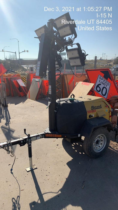 2021 Allmand NLV3GR (4) LED Light Fixture 350W, 23' Vertical Mast, 3kW Prime, Towable, Deep Sea L401, Leveling Jacks, Yanmar T4F 5.8hp