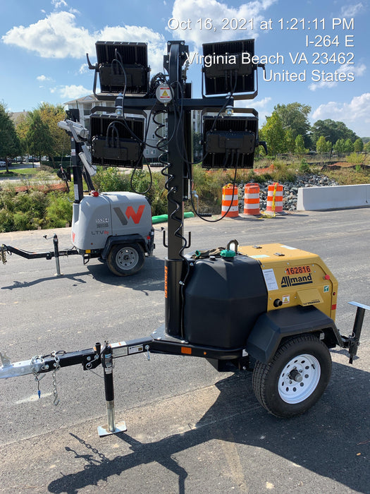 2021 Allmand NLV3GR (4) LED Light Fixture 350W, 23' Vertical Mast, 3kW Prime, Towable, Deep Sea L401, Leveling Jacks, Yanmar T4F 5.8hp