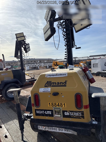 Allmand NLV3GR (4) LED Light Fixture 350W, 23' Vertical Mast, 3kW Prime, Towable, Deep Sea L401, Leveling Jacks, Yanmar T4F 5.8hp