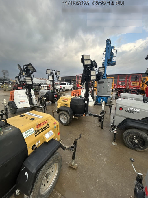 2022 Allmand NLV3GR (4) LED Light Fixture 350W, 23' Vertical Mast, 3kW Prime, Towable, Deep Sea L401, Leveling Jacks, Yanmar T4F 5.8hp