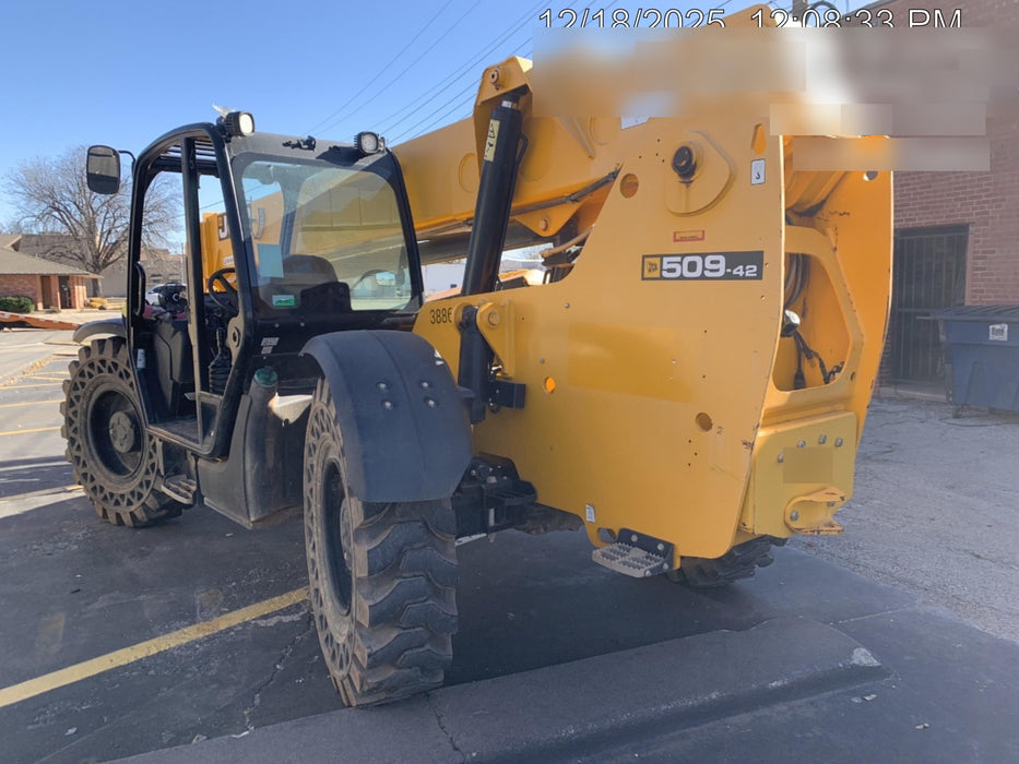2019 JCB 509-42 74 HP w/Open ROPS, Beacon, Aux Hydraulics, LED Work lights, Solid Tires 66" Carriage/60" Forks