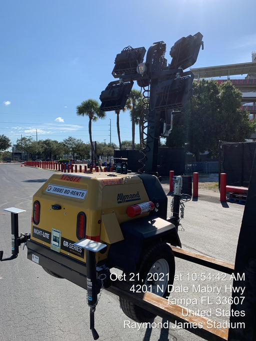 2021 Allmand NLV3GR (4) LED Light Fixture 350W, 23' Vertical Mast, 3kW Prime, Towable, Deep Sea L401, Leveling Jacks, Yanmar T4F 5.8hp