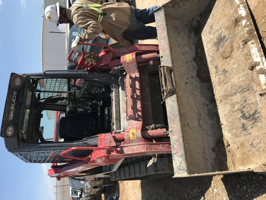 2019 Takeuchi TL10V2-CR Cab/Heat/AC, Rubber Tracks, Backup Alarm, Front & rear working Lights, Auxiliary Hydraulics, 2 Speed Travel, Engine Monitoring System, Hydraulic universal quick hitch w/76" HD smooth dirt bucket with bolt-on edge, 20.3 cubic feet capacity, 48" Pallet forks and frame