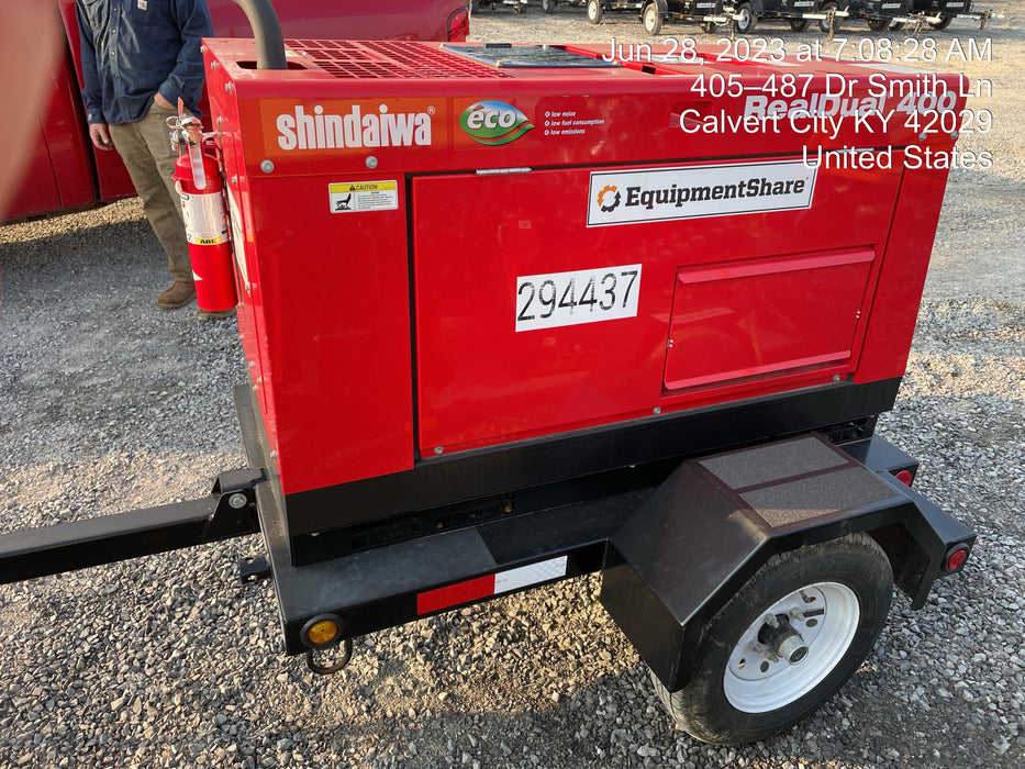 2023 Shindaiwa DGW400MDL Kubota D902 Engine, 23 HP, Dual Op Welder, Wire, Arc, Droop Stick, Tig, and CC Stick Functionality, Simulphase, 3 Phase and 1 Phase Gen Output, Single Axle NB Trlr, Slr Trckl Chrg 12V 12W, Fire Ext
