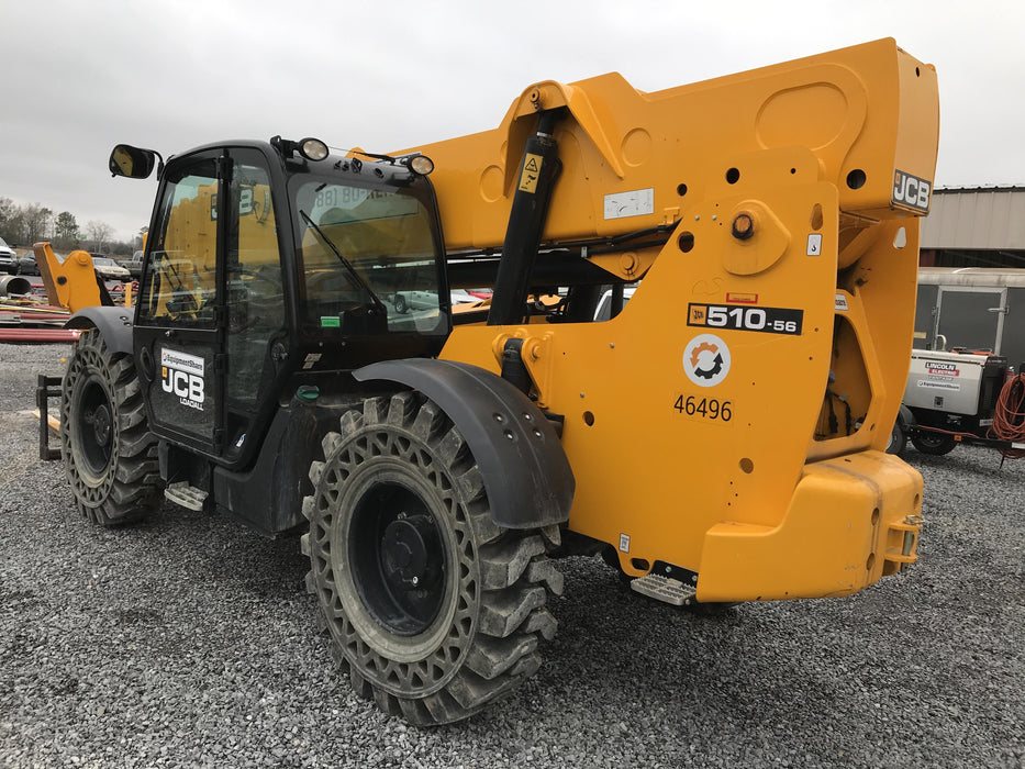 2019 JCB 510-56 Enclosed Cab, 74 HP, Solid Tires, Worklights, Beacon, Aux Hydraulics, Lifting Eye w/66" Carriage/60" Forks