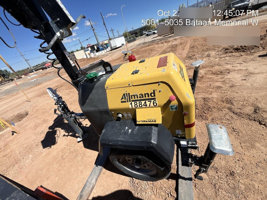 Allmand NLV3GR (4) LED Light Fixture 350W, 23' Vertical Mast, 3kW Prime, Towable, Deep Sea L401, Leveling Jacks, Yanmar T4F 5.8hp