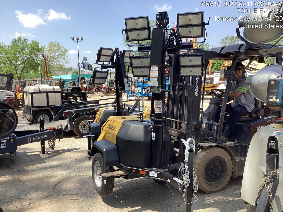 2022 Allmand NLV3GR (4) LED Light Fixture 350W, 23' Vertical Mast, 3kW Prime, Towable, Deep Sea L401, Leveling Jacks, Yanmar T4F 5.8hp