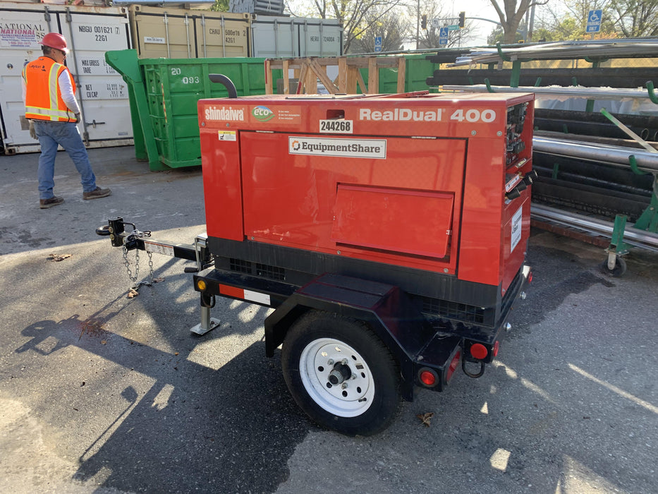 2022 Shindaiwa DGW400MDL Kubota D902 Engine, 23 HP, Dual Op Welder, Wire, Arc, Droop Stick, Tig, and CC Stick Functionality, Simulphase, 3 Phase and 1 Phase Gen Output, Single Axle NB Trlr, Slr Trckl Chrg 12V 12W, Fire Ext