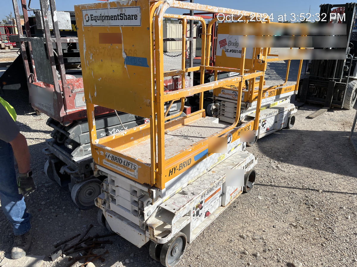 Custom Equipment HB-1430 <ul>
 <li>Hy-Brid Scissor Lift</li>
  <li>Platform capacity up to 670 lbs.</li>
  <li>Working height up to 20 ft</li>
  <li>Weighs under 1,700 lbs.</li>
  <li>Non-marking wheels </li>
</ul>