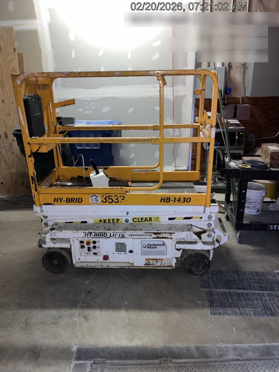 Custom Equipment HB-1430 Hy-Brid Scissor Lift
Platform capacity up to 670 lbs
Working height up to 20 ft
Weighs under 1,700 lbs
Non-marking wheels