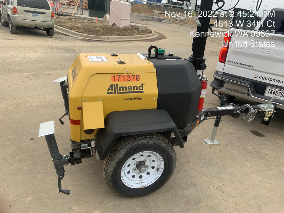 2021 Allmand NLV3GR (4) LED Light Fixture 350W, 23' Vertical Mast, 3kW Prime, Towable, Deep Sea L401, Leveling Jacks, Yanmar T4F 5.8hp