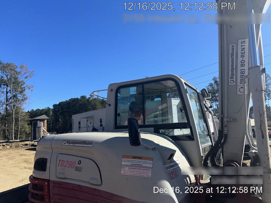 2019 Takeuchi TB290 Cab, AC, Rubber Tracks, Dozer Blade, Travel Alarm, Control Pattern Change Valve, Auxiliary Hydraulics w/18" Quick Coupler Bucket with teeth, 6.2 cu. ft. capacity/24" Quick Coupler Bucket with teeth, 8.6 cu. ft. capacity/36" Quick Coupler Bucket with teeth, 13.4 cu. ft. capacity, Quick Coupler, Hydraulic Thumb Installed
