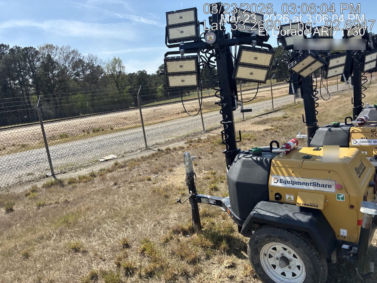 Allmand NLV3GR (4) LED Light Fixture 350W, 23' Vertical Mast, 3kW Prime, Towable, Deep Sea L401, Leveling Jacks, Yanmar T4F 5.8hp