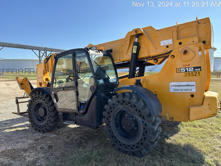2019 JCB 512-56 109 HP w/CAB/HVAC, Beacon, Aux Hydraulics, Worklights, Solid Tires w/60" Carriage/Forks