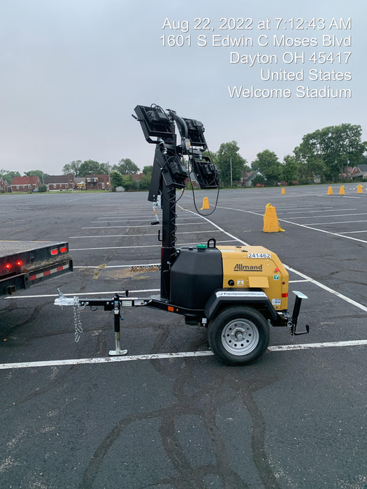 2022 Allmand NLV3GR (4) LED Light Fixture 350W, 23' Vertical Mast, 3kW Prime, Towable, Deep Sea L401, Leveling Jacks, Yanmar T4F 5.8hp