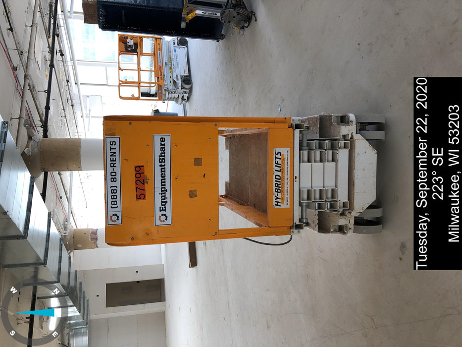 Custom Equipment HB-1430 <ul>
 <li>Hy-Brid Scissor Lift</li>
  <li>Platform capacity up to 670 lbs.</li>
  <li>Working height up to 20 ft</li>
  <li>Weighs under 1,700 lbs.</li>
  <li>Non-marking wheels </li>
</ul>