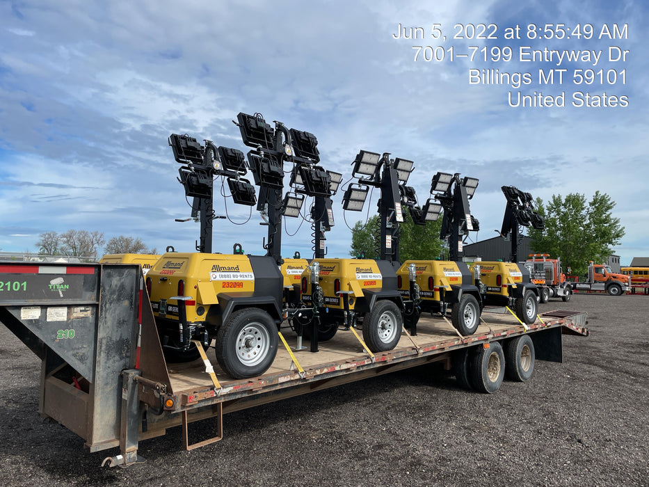 2022 Allmand NLV3GR (4) LED Light Fixture 350W, 23' Vertical Mast, 3kW Prime, Towable, Deep Sea L401, Leveling Jacks, Yanmar T4F 5.8hp