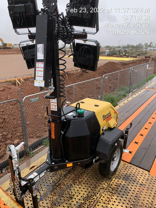 Allmand NLV3GR (4) LED Light Fixture 350W, 23' Vertical Mast, 3kW Prime, Towable, Deep Sea L401, Leveling Jacks, Yanmar T4F 5.8hp