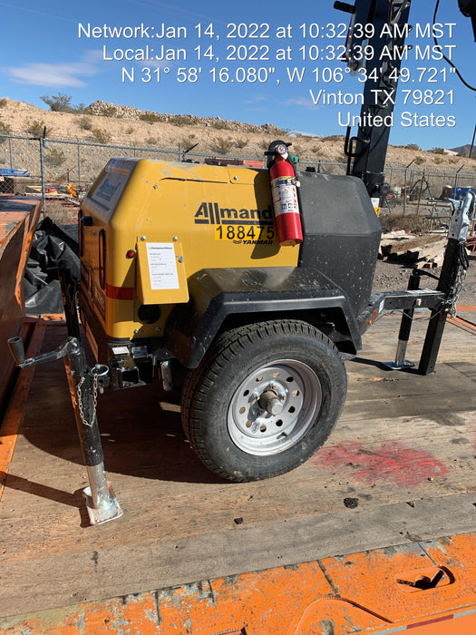 Allmand NLV3GR (4) LED Light Fixture 350W, 23' Vertical Mast, 3kW Prime, Towable, Deep Sea L401, Leveling Jacks, Yanmar T4F 5.8hp